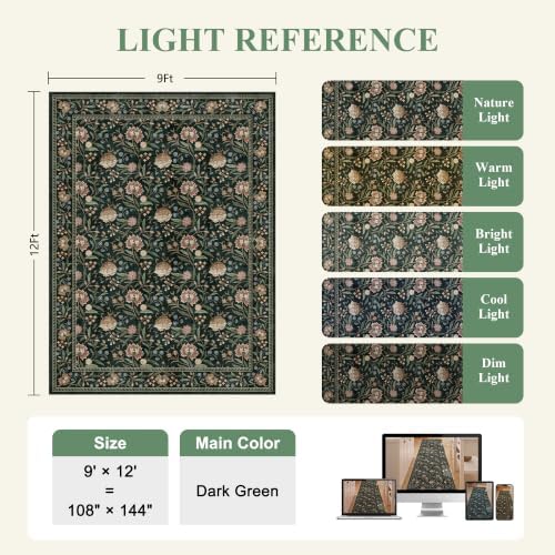 DUKINO 9x12 Area Rug for Living Room Vintage Floral Washable Rug Dark Green - Image 2