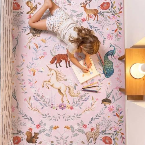 jinchan 6x9 Kids Rug Washable Playroom Rug Whimsical Unicorn, Lavender Pink - Image 2