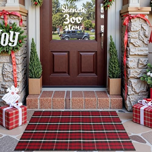 Christmas Front Door Mat 27.5"x43" Red Plaid Outdoor Porch Rug Welcome Mat - Image 6