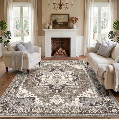 Washable Living Room Area Rug 5x6: Indoor Entryway Kitchen Rugs with Non-Slip Rubber Backing Large Vintage Stain Resistant Bedroom Carpet Non-Shedding Soft Thin Floor Mat for Dining Room(Beige,5x6) by RUUGME