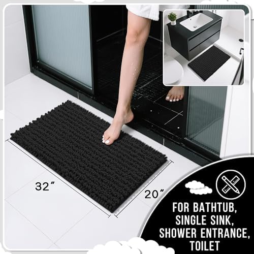 Yimobra Bathroom Rugs Non Slip Washable 32x20 Inch - Ultra Soft Absorbent Chenille Bath Mat, Quick Dry Shaggy Floor Carpet for Tub Shower, Black Home Decor Accessories - Image 2