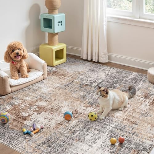 DMOYEST Square Area Rug Living Room Rugs - 8x8 Washable Large Soft Indoor Neutral Modern Abstract Low Pile Rug Carpet for Bedroom Dining Room Farmhouse Home Office - Grey Brown - Image 4