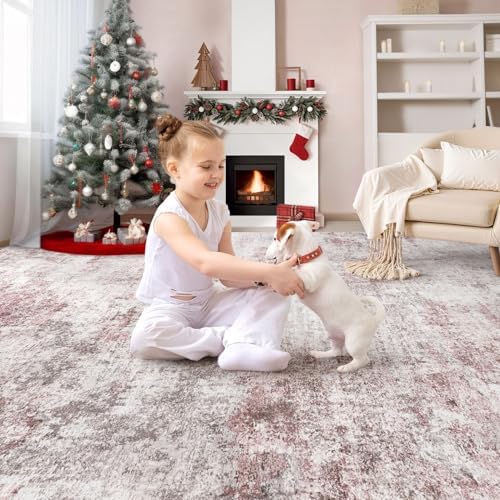 UERMEI 9x12 Washable Area Rug - Neutral Modern Abstract Living Room Rugs, Non-Slip Soft Large Indoor Floor Carpet for Bedroom Home Office & Under Dining Table Decor, Pink Grey - Image 5