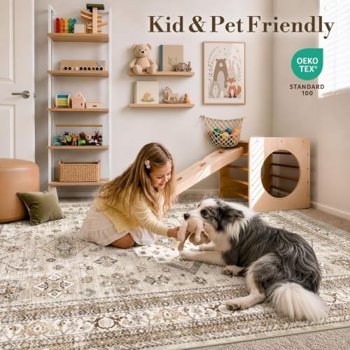 cotiled 10x13 Area Rug for Living Room, Washable, Traditional, Beige - Image 5