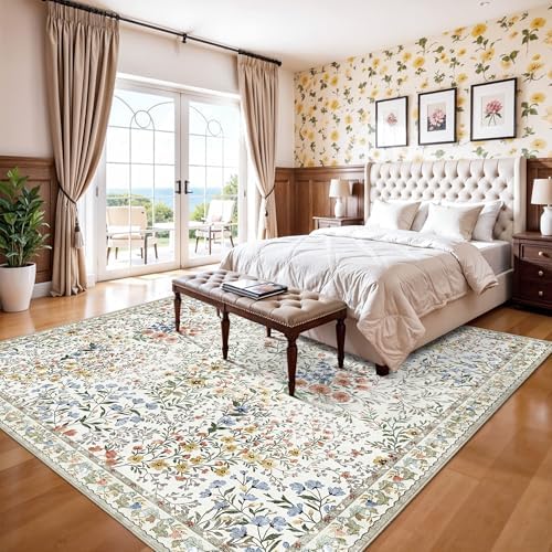 10x10 Square Area Rug Living Room: Boho Floral Washable Mat for Dining Room Bedroom Office High Traffic Area Soft Non Slip Low Pile Indoor Carpet for Vintage Farmhouse Home Decor (10ft Square, Beige) - Image 5