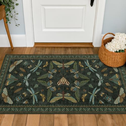 Washable 2x4 Rug Runner, Small Runners for Entryway Indoor, Kitchen, Bathroom, Dark Green Insect Boho Design, Non Slip Stain Resistant by HazoHaus