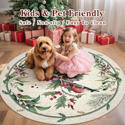nesrt 6Ft Beige Christmas Round Washable Area Rugs Non Slip for Living Room - Image 2