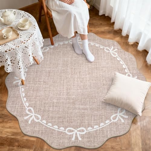 GarveeHome 5ft Round Rugs Washable Scalloped Bow Rug for Bedroom, Camel - Image 3