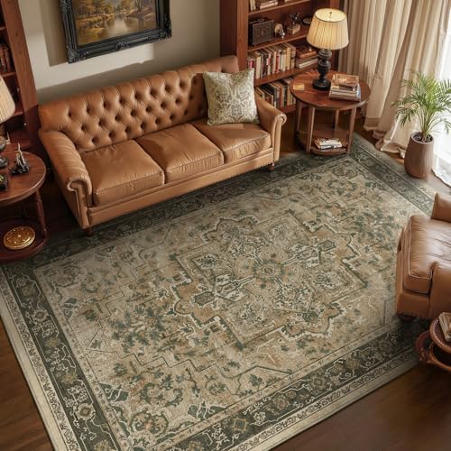 Moody 6x9 Area Rugs for Living Room, Low Pile Thin Washable Non Slip Rugs for Bedroom Dining Room, Vintage Medallion Distressed Carpet for Home Office Guest Room, Multi Brown/Green by Jainmy