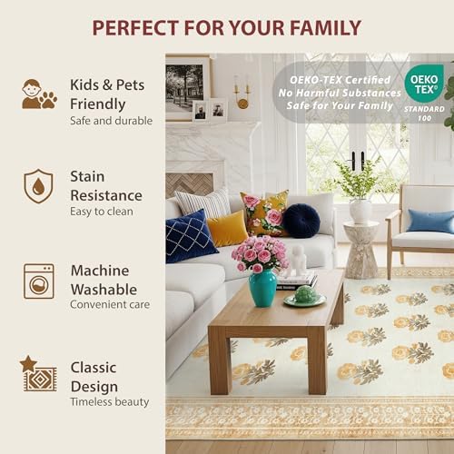 Beige Brown Floral Living Room Rug 5x7 Area Rug - Vintage Washable Rug for Dining Room, Bedroom, Ultra Soft Low Pile Non Slip Stain Resistance Distressed Boho Farmhouse Flower Carpet - Image 7
