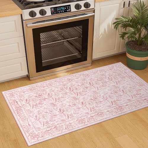 DUKINO 2x4 Rug, Washable Vintage Floral Entryway Rug Non Slip, Light Pink - Image 5