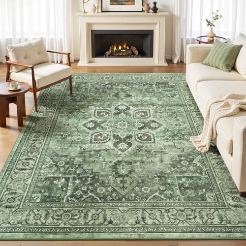 Sage Green Boho 6x9 Living Room Rugs, Washable Lightweight Carpet by Vibrug