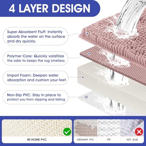 ACCUMTEK Striped Dusty Pink Bathroom Rug Mat Set 2 piece 32"x20"+24"x17" Ultra Soft, Non Slip Chenille Bath Rugs, Absorbent Plush Shaggy Bath Mats for Bathroom, Bedroom, Kitchen, Shower, Tub - Image 5