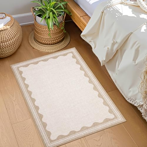 GarveeHome Scalloped Door Mat Indoor Rugs for Entryway Small Rug 2x3 Washable Non-Slip Solid Beige Modern Soft Low-Pile Throw Carpet for Bedroom Kitchen Bathroom Entrance - Image 2