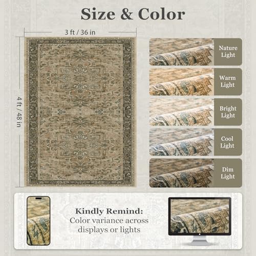 Moody 3x4 Rugs for Entryway Indoor, Distressed Medallion Door Mat Indoor Entrance, Washable Non Slip Low Pile Thin Small Carpet Rug for Kitchen/Bedroom/Bathroom/Laundry Room, Multi Brown/Olive - Image 2