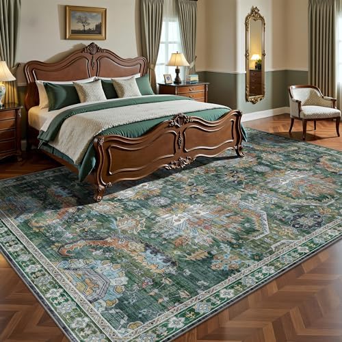 9x12 Area Rug, Vintage Retro Soft Washable Rug, Non-Slip Low Pile Rugs for Living Room, Bedroom, Dining Room, Stain Resistant Home Decor Rug (Green) - Image 3