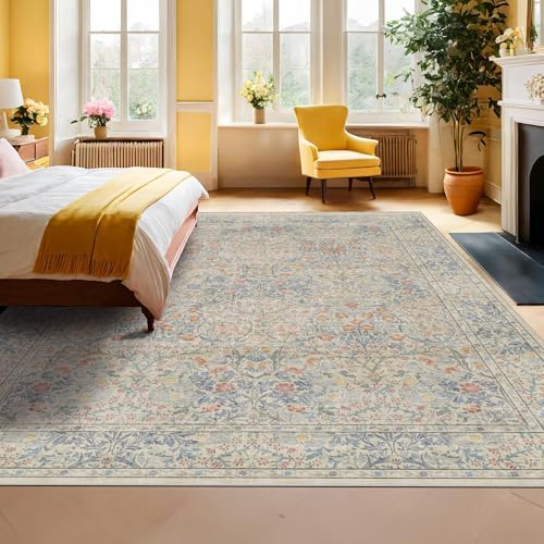 7x10 Washable Rug for Living Room - Stain Resistant Dining Room Rugs for Under Table, Soft Low Pile Large Carpet for Bedroom - Vintage Floral Non-Slip (Beige Blue) - Image 6