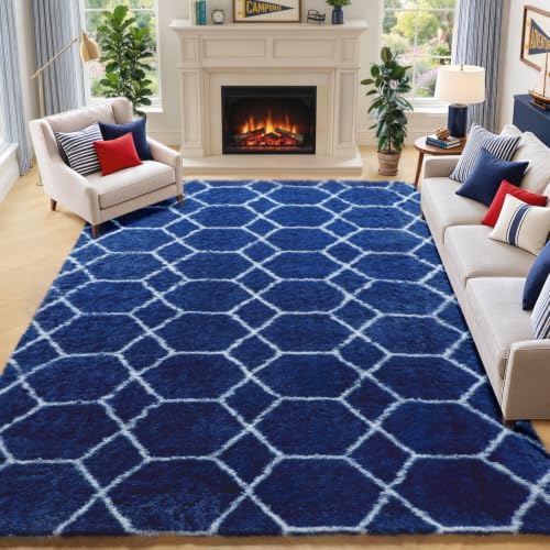 Area Rugs for Living Room, 5x8 Fluffy Navy and White Bedroom Geometric Rug by ONASAR