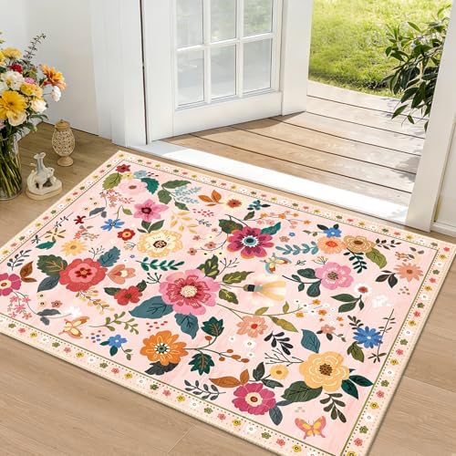RELEANY Floral Washable 2x3 Area Rugs Doormat Pink - Image 2