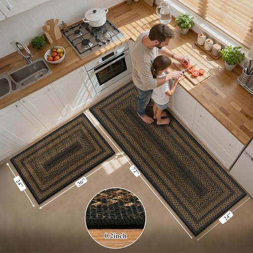 HEBE Faux Jute Kitchen Rugs Set of 2, Washable Kitchen Mats for Floor - Image 2