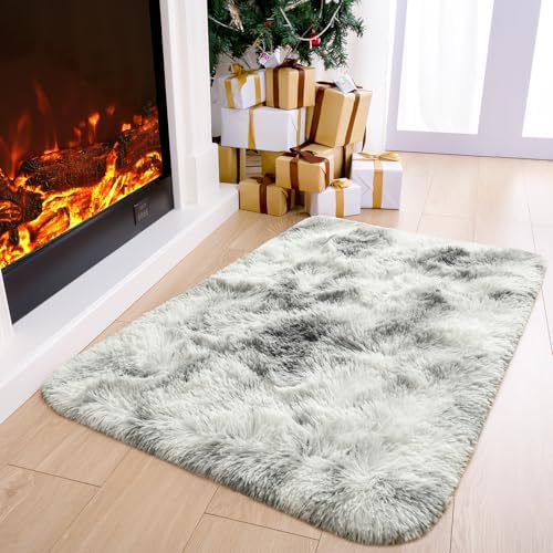 2x3 Tie-Dyed Grey and White Fluffy Area Rug Non-Slip for Entryway Bedroom - Image 2
