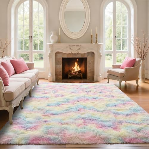 6x9 ft Fluffy Rainbow Area Rug for Bedroom Soft Fuzzy Living Room Rug Non-Slip Shag Rugs Carpet for Nursery Kids Play Room Dorm Office Indoor Modern Plush Carpets by Lo%CC%80utiRootHome