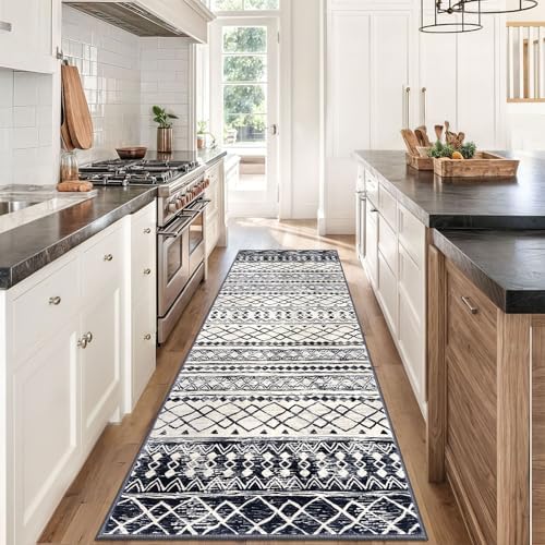 KUTA Moroccan Kitchen Rugs 3x8 Vintage Black Navy Blue Boho Hallway Runner - Image 2