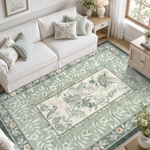 DCX Washable 6x9 Sage Green Vintage Botanical Area Rug by DCXWashableRug