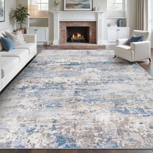 pmtsns Area Rugs 10x14 Living Room: Washable Rug Modern Abstract Neutral Soft Non-Slip Low-Pile Indoor Large Carpet for Bedroom Dining Room Playroom Home Office (Light Blue Brown, 10'x14') by pmtsns