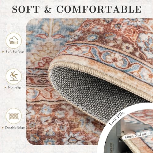 9x12 Area Rugs for Living Room - Washable Vintage Retro Large Rug, Soft Ultra Thin Non Slip Low Pile Traditional Distressed Boho Carpet for Bedroom Dining Room Home Office, Rust Clay - Image 7