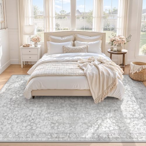 6x9 Area Rugs for Living Room: Boho Vintage Washable Rug Non-Slip Soft Stain Repellent Area Rugs Indoor Low-Pile Carpet for Bedroom Nursery Office Dining Room Playroom Farmhouse (Grey, 6'x9') - Image 2