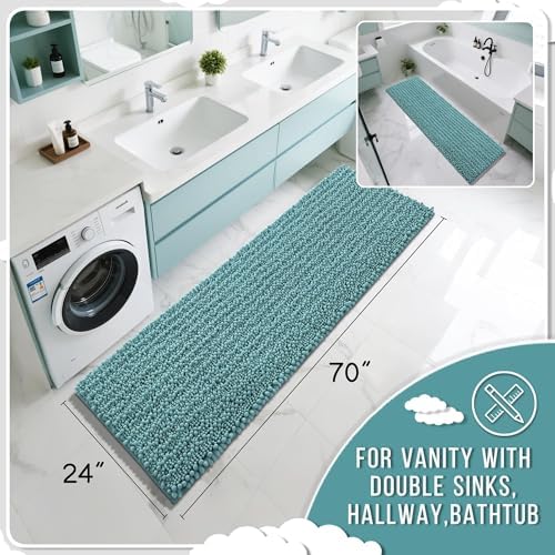 Yimobra Bathroom Runner Rug 70x24 Inch - Extra Long Non Slip Chenille Bath Mat, Soft & Absorbent, Machine Washable Shaggy Hallway Carpet for Vanity Tub Shower, Teal Blue Home Decor Accessories - Image 2