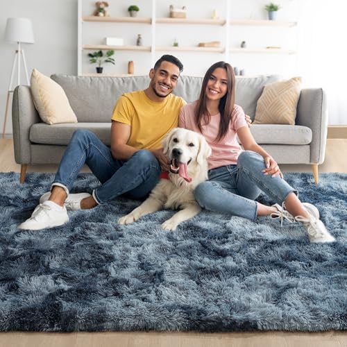 6x9 Large Tie-Dyed Blue and Grey Fluffy Area Rug Non-Slip for Kids Bedroom - Image 2