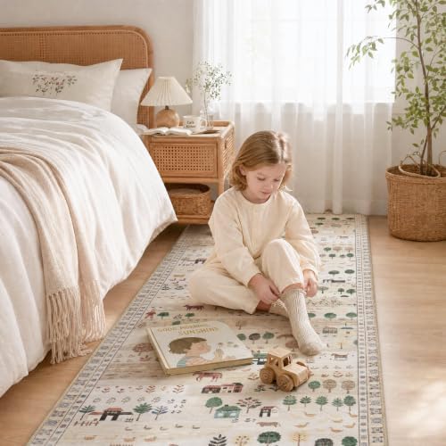 Machine Washable Runner Rug 2x6 Ft, Whimsical Rug, Vintage Farmhouse Beige - Image 2