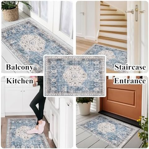 Washable Living Room Area Rug - 2x3 Small Bedroom Rugs Vintage Rustic Style Carpets with Non Slip Backing Distressed Floor Mat for Dining Room Kitchen Bathroom (Aqua Blue, 2'x3') - Image 5