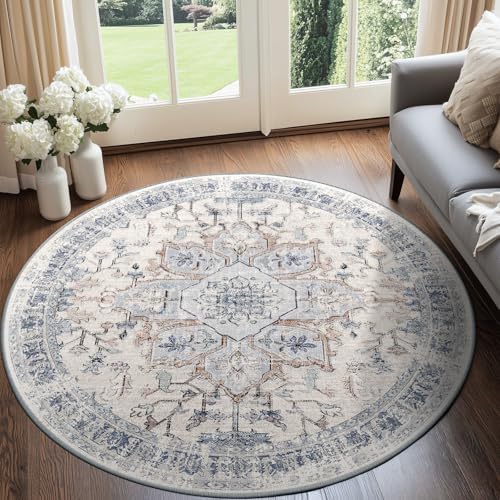 BESTSWEETIE Washable Boho Round 6ft Area Rug for Living Room, Beige Blue by BESTSWEETIE