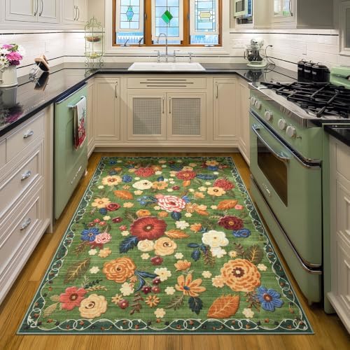 Washable 4x6 Area Rug, Green Boho Floral Non-Slip for Kitchen, Entryway by GERUIMO
