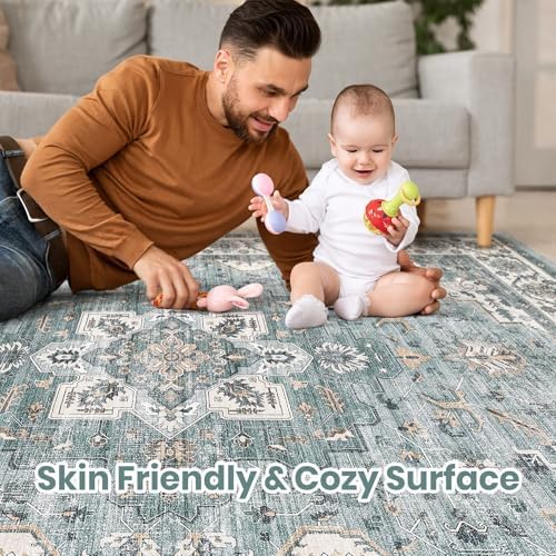 cotiled 9x12 Area Rug for Living Room, Washable, Traditional, Denim Blue - Image 3