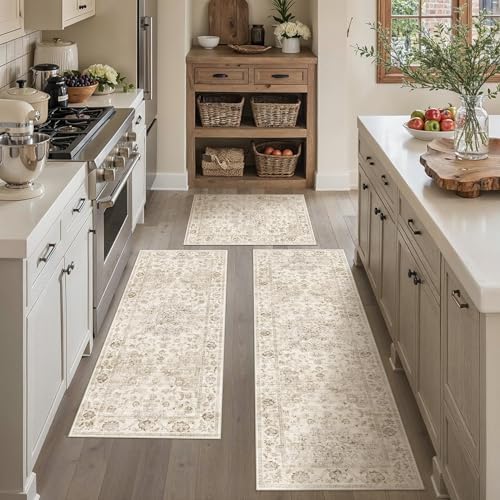 Washable Neutral Beige Kitchen Runner Rug Set of 3 by WondRg
