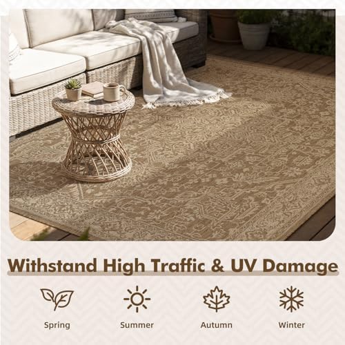MontVoo-Outdoor Rug-Patio Rug 5x7 ft Polypropylene Indoor Outdoor Rugs Carpet for Patio Deck Balcony Porch, Textured Weave, Durable for High Traffic, Fade-Resistant, Vintage Medallion Neutral Brown - Image 4