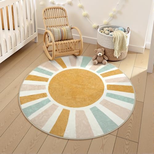 LIVEBOX Retro Sun Round Rug 4ft Boho Rug for Nursery Room,Non-Slip Circle Ultra Soft Cute Colorful Kids Rugs for Bedroom,Washable Throw Area Rugs Carpet for Living Room Indoor Office by LIVEBOX