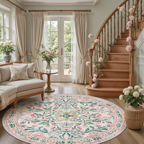PLHXFR Round Area Rug Living Room: 8 ft Floral Washable Carpet Pink Green - Image 5