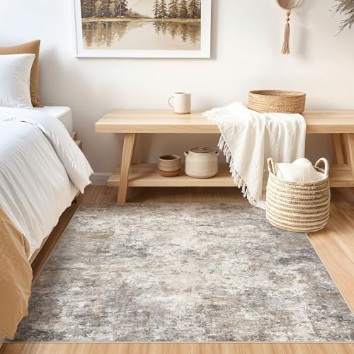UERMEI Square Area Rugs : Washable 5x5 Neutral Modern Abstract Carpet for Living Room Bedroom - Soft Floor Mat with Non Slip Backing for Kitchen Nursery Dorms Farmhouse Home Decor - Brown Grey - Image 2