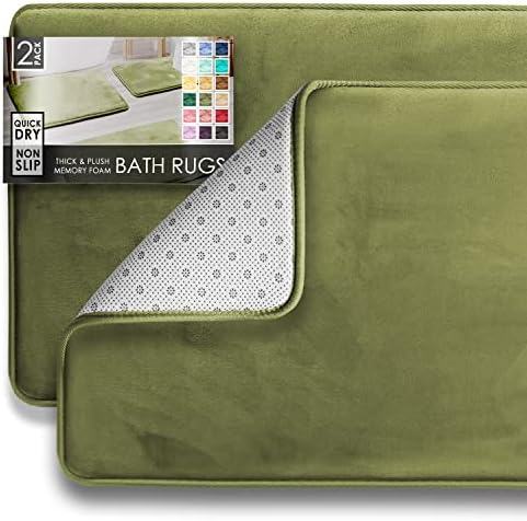 Clara Clark 2 Piece Bathroom Rugs Bath Mat Set, Velvet Memory Foam Bath Mats for Bathroom - Non-Slip, PVC Backing Bath Rugs, Washable - Dries Quickly, Green by ClaraClark