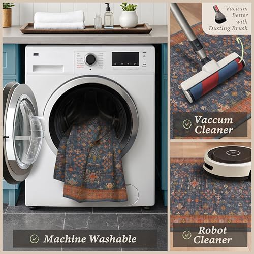 JTJ Boho Kitchen Rug Set of 3, Washable Non-Slip Mats, Navy Blue - Image 5