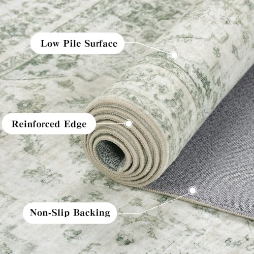 4ft Round Washable Office Rug Non-Slip Medallion Green Throw Carpet - Image 7