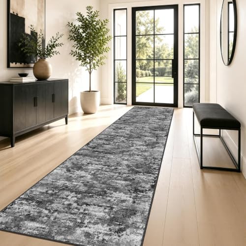 Long Hallway Runner Rug 2.6x12ft Textured Non Slip for Dogs,Black/Gray - Image 3