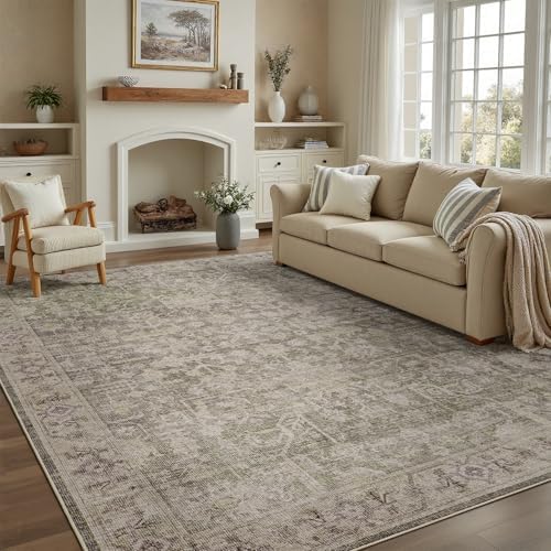 DCX Washable 5x7, Kid & Pet Friendly with Rubber Back Non Slip, Stain Resistant Vintage Rug for Living Room, Bedroom, Home Office, Soft Low Pile Large Farmhouse Distressed Carpet, Greige by DCXWashableRug