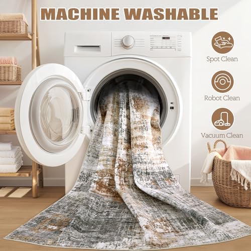 DMOYEST 8ft Round Area Rug Living Room Rugs - 8x8 Washable Large Soft Indoor Neutral Modern Abstract Low Pile Rug Carpet for Bedroom Dining Room Farmhouse Home Office - Grey Brown - Image 6