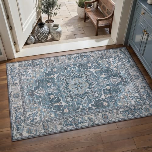 Vintage Small Area Rugs for Entryway, Non Slip 2x3 Washable Rug Blue Grey by Tangsoo